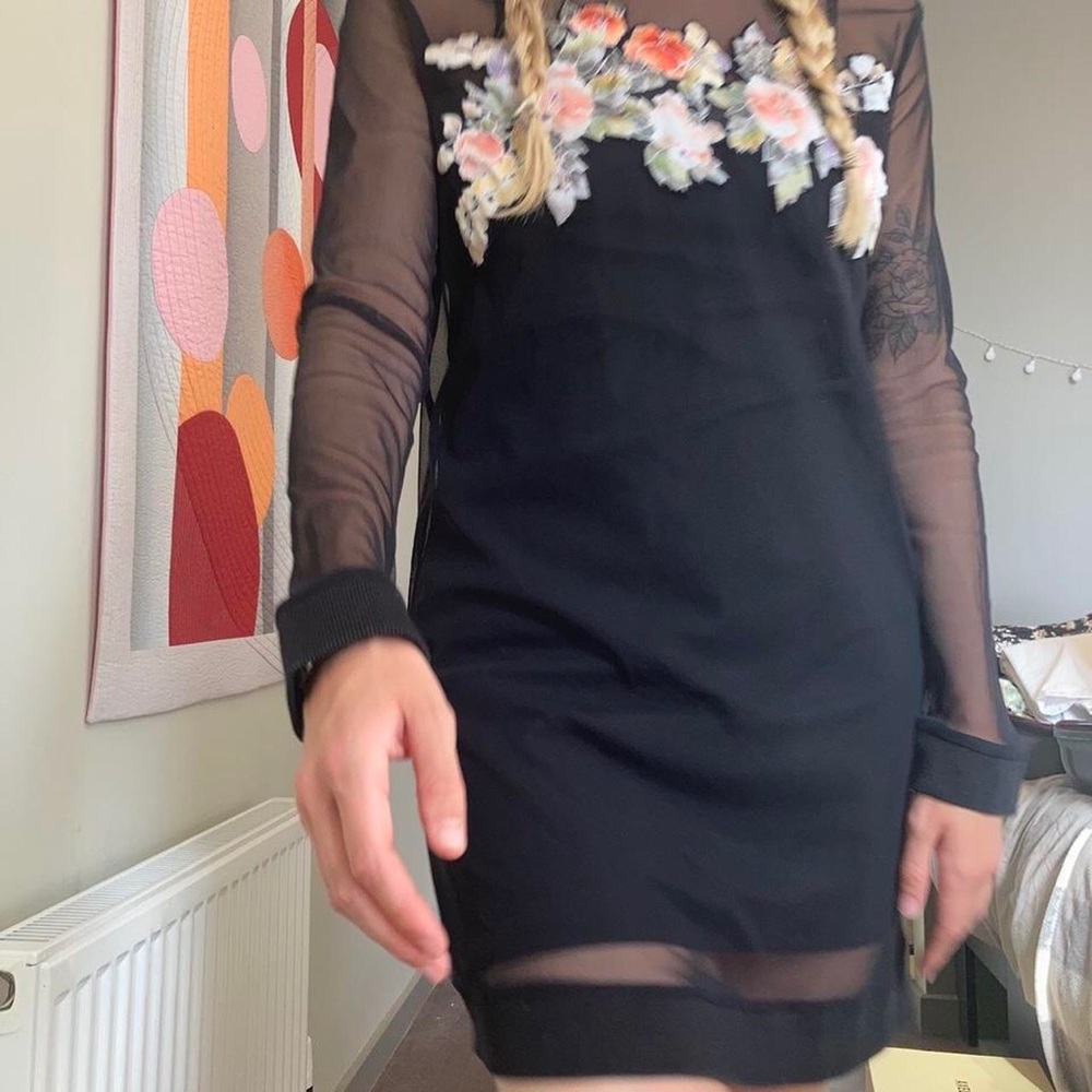 black floral mesh dress, comes in two parts as shown. Floral embroidered print.